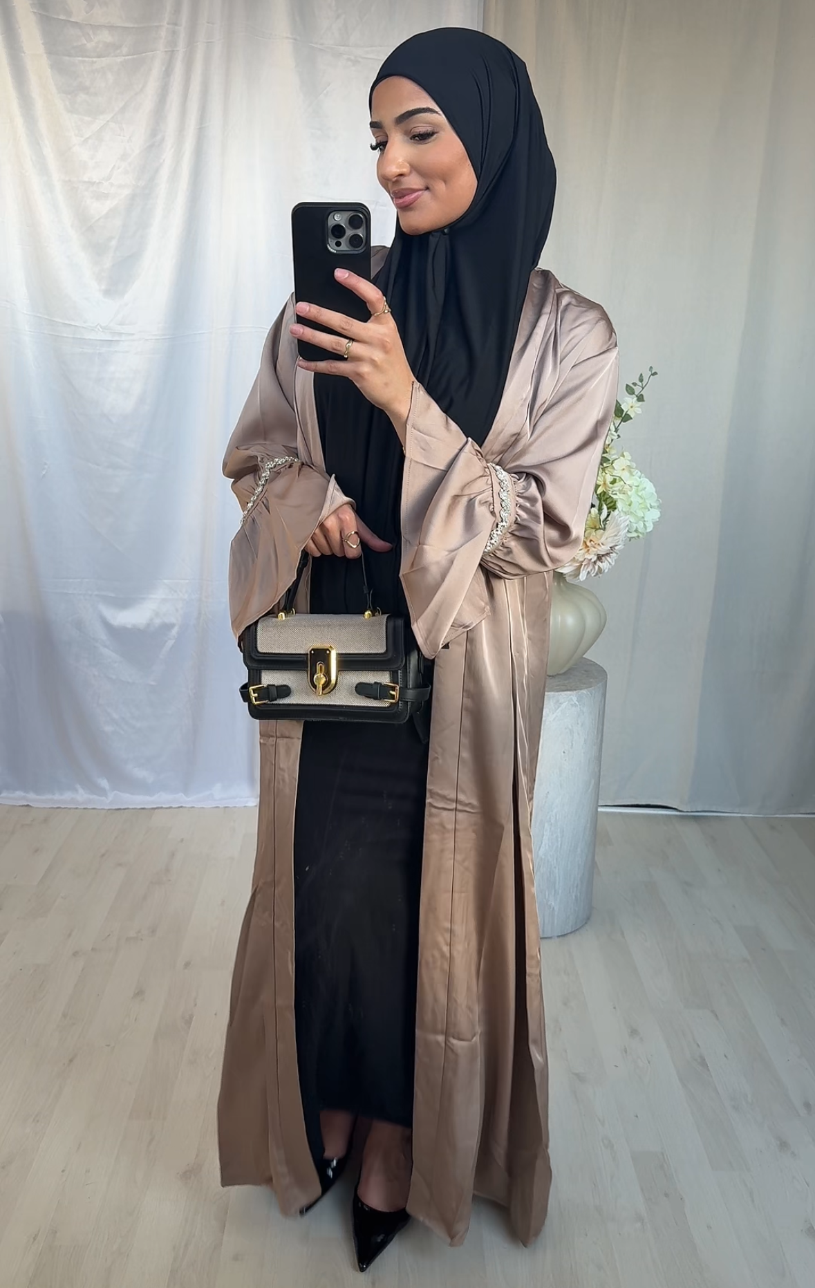 Nadia Satin Abaya - Taupe